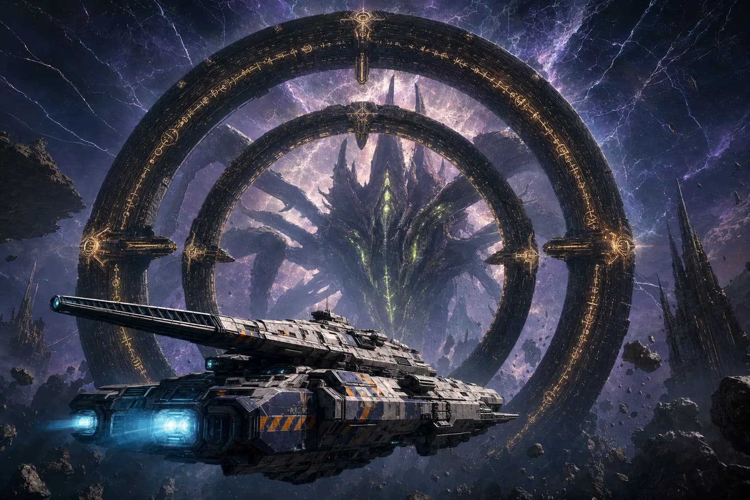 Shattered Reaches key art: a stranded fleet drifting through a fractured galaxy above an ancient megastructure.