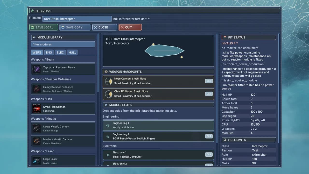Ship fitter: doctrine, modules, and crew define each hull.